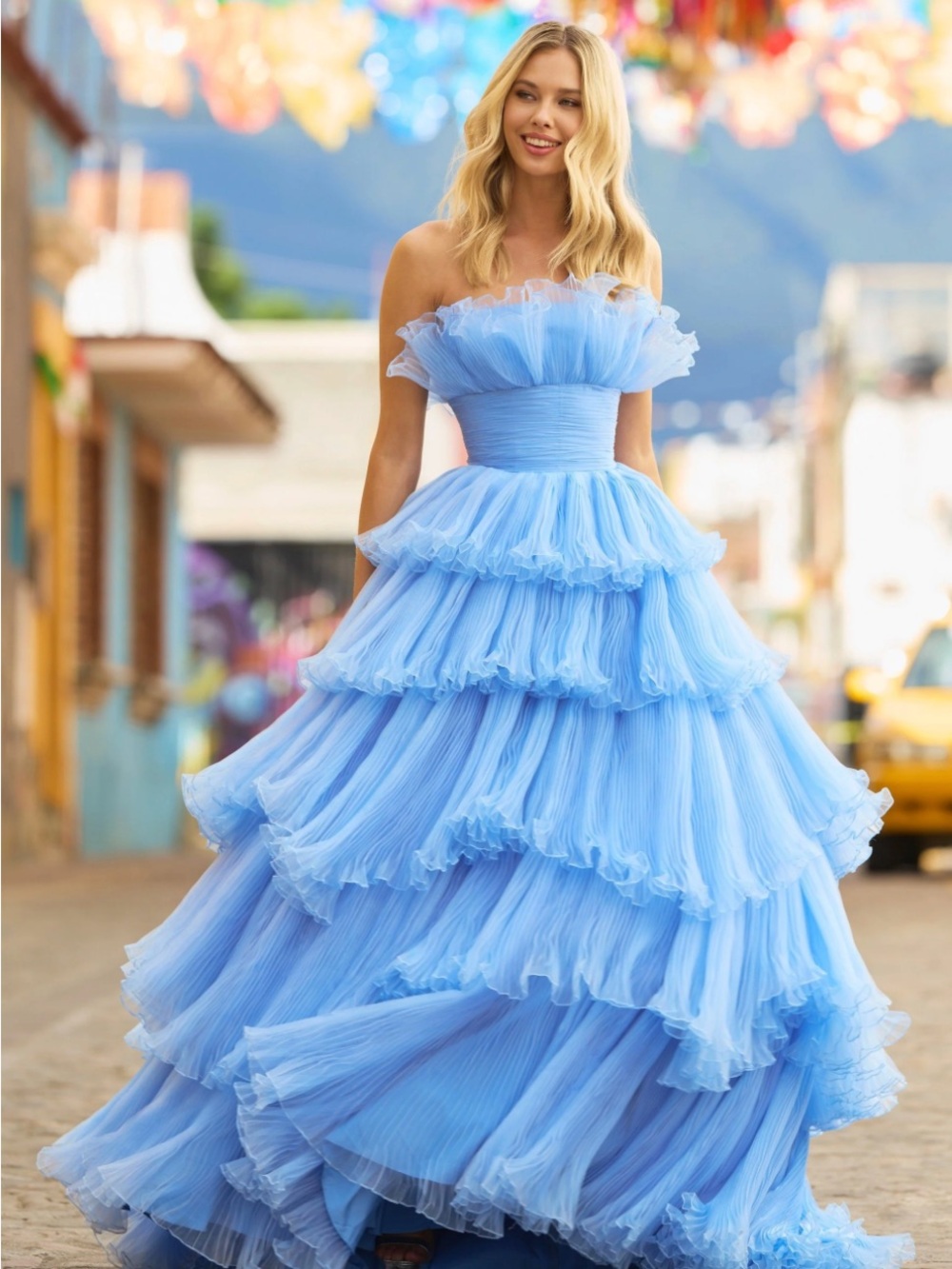 Sherri Hill Strapless Ruffled Light Blue Tulle Ball Gown